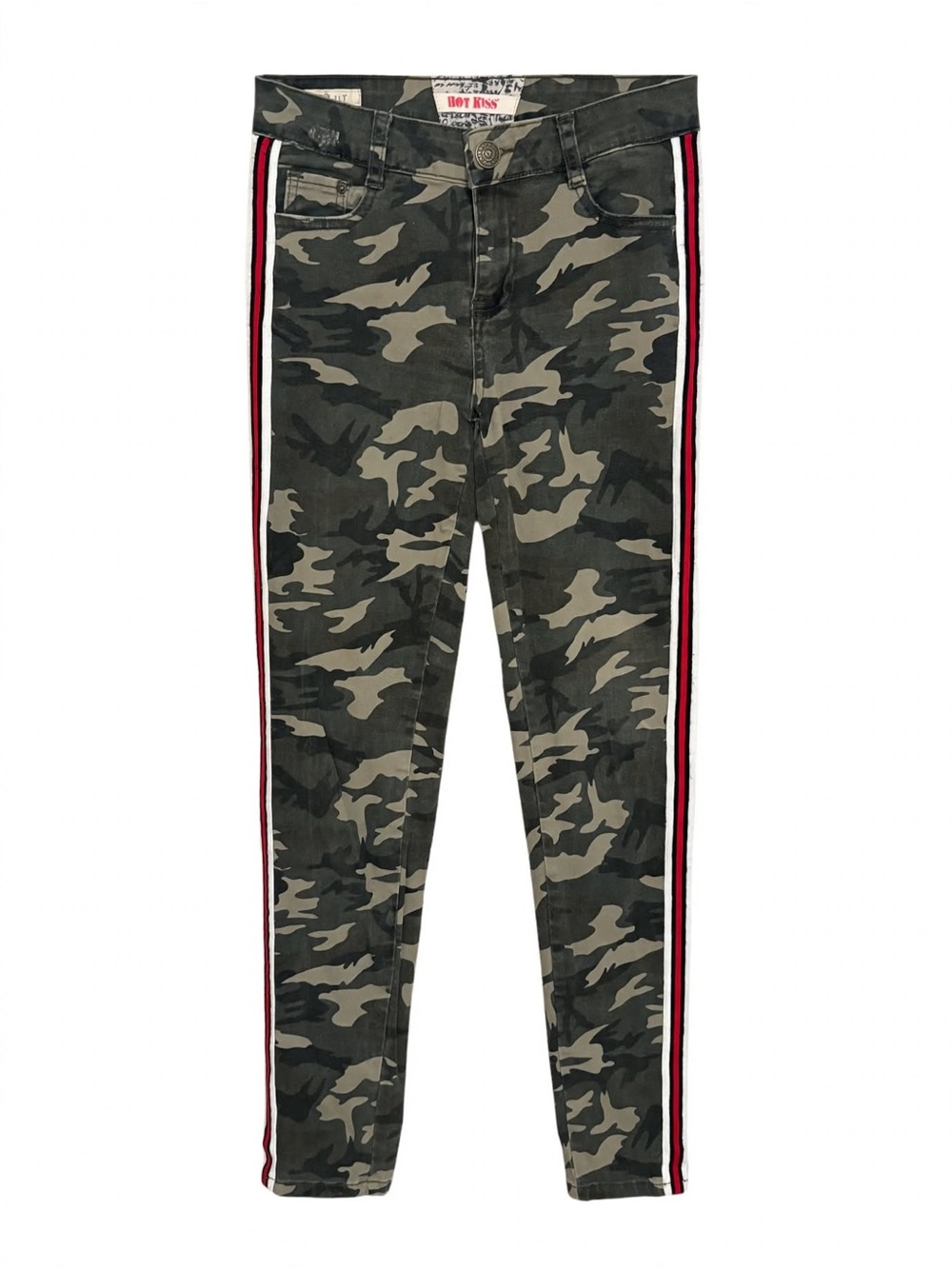 Hot Kiss Skinny Lily Camo Jeans w| red white & black side strap like new